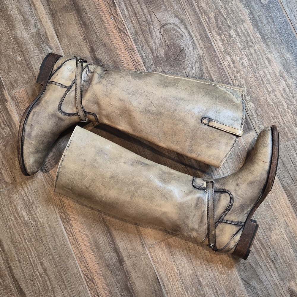 7/7.5 FRYE Lindsay Plate Distressed Knee High Leather Boots in Taupe - Picture 6 of 16